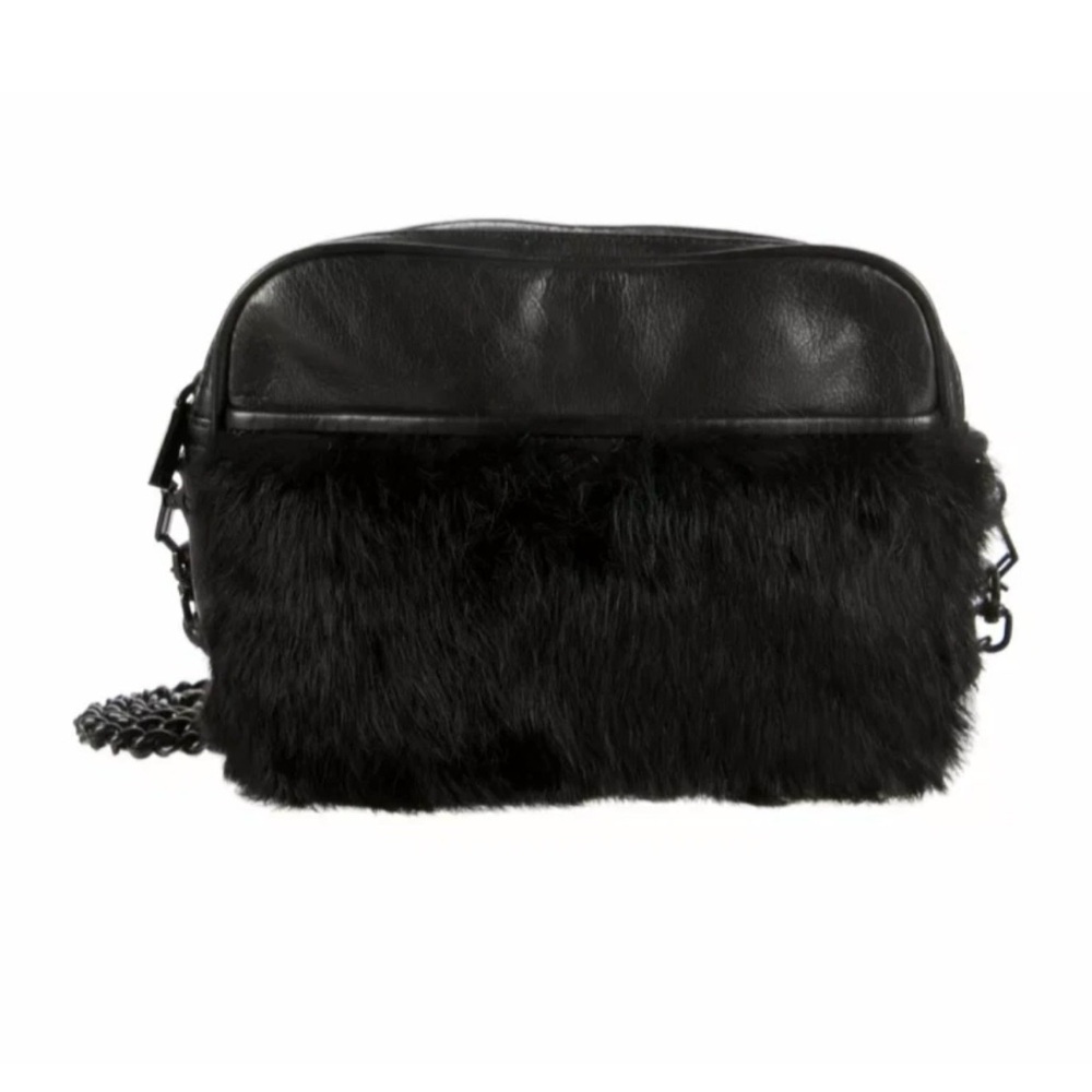 REBECCA MINKOFF Black Rumor Crossbody Small Leather Fur Bag / Purse
